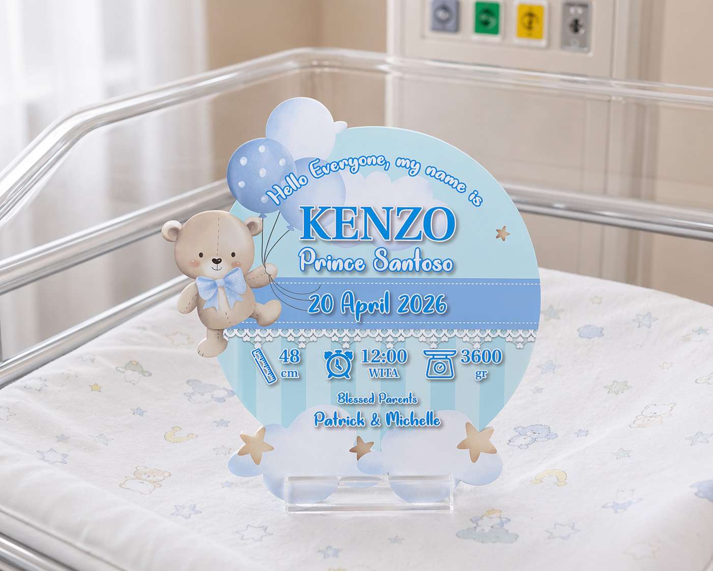 Baby Birth Board Teddy Blue Newborn Announcement Custom Nama & Detail Kelahiran Elegan - Image 1