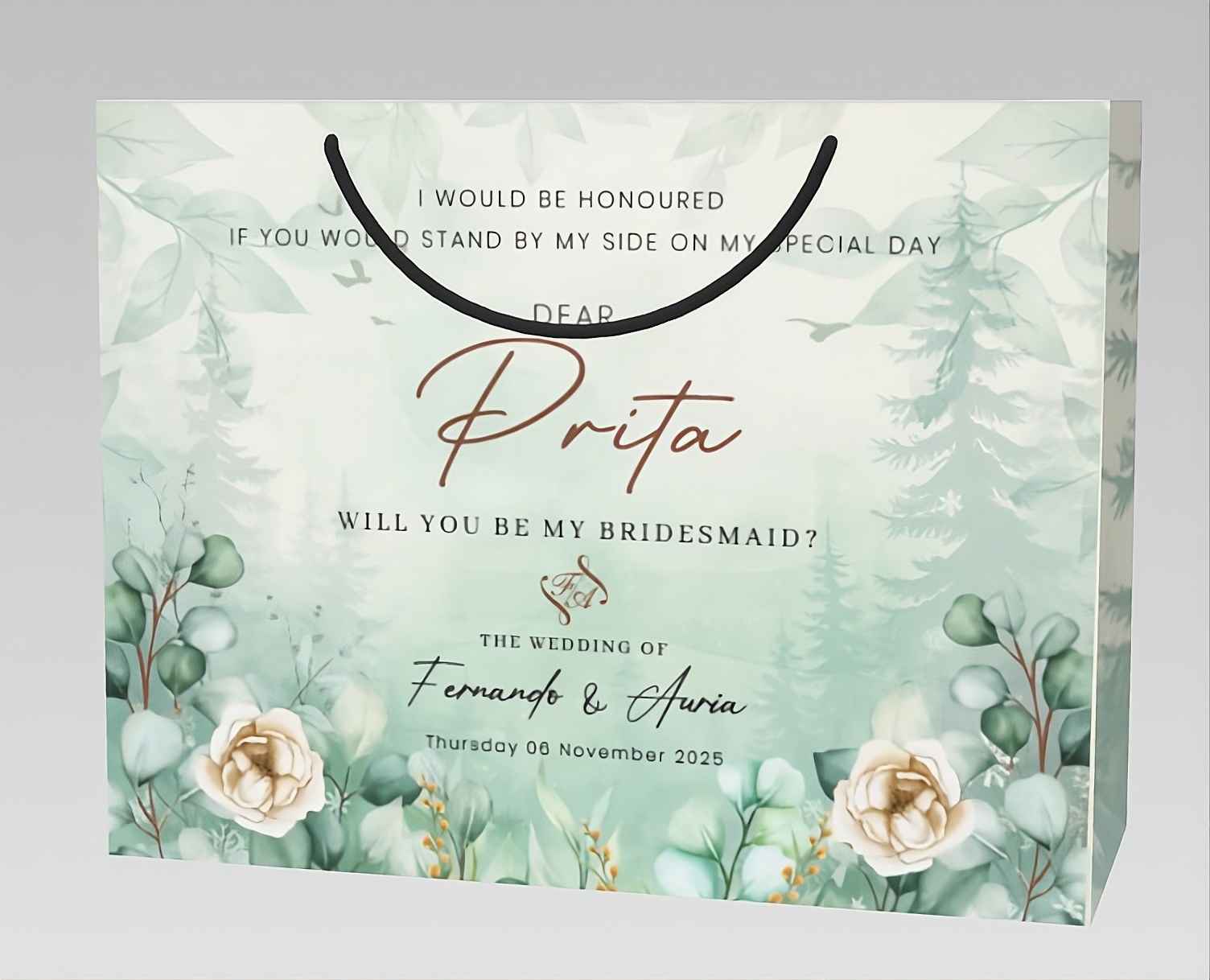 Wedding Gift Paper Bag Bridesmaid Invitation Elegant Green Floral - Image 1