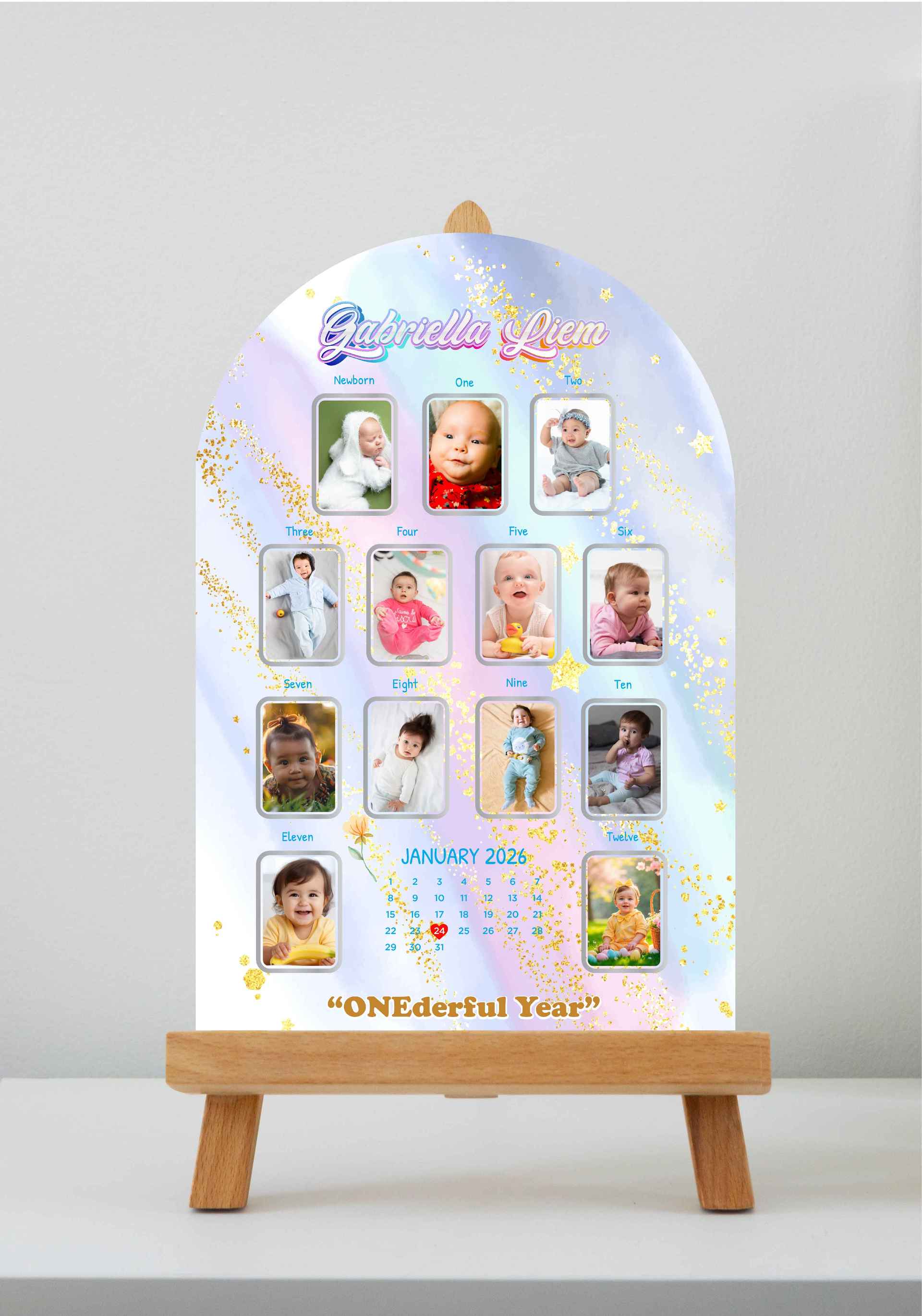 Baby Milestone Board Unicorn Pastel OneDerful Year Custom Nama & Foto Elegan Glitter Gold - Image 1