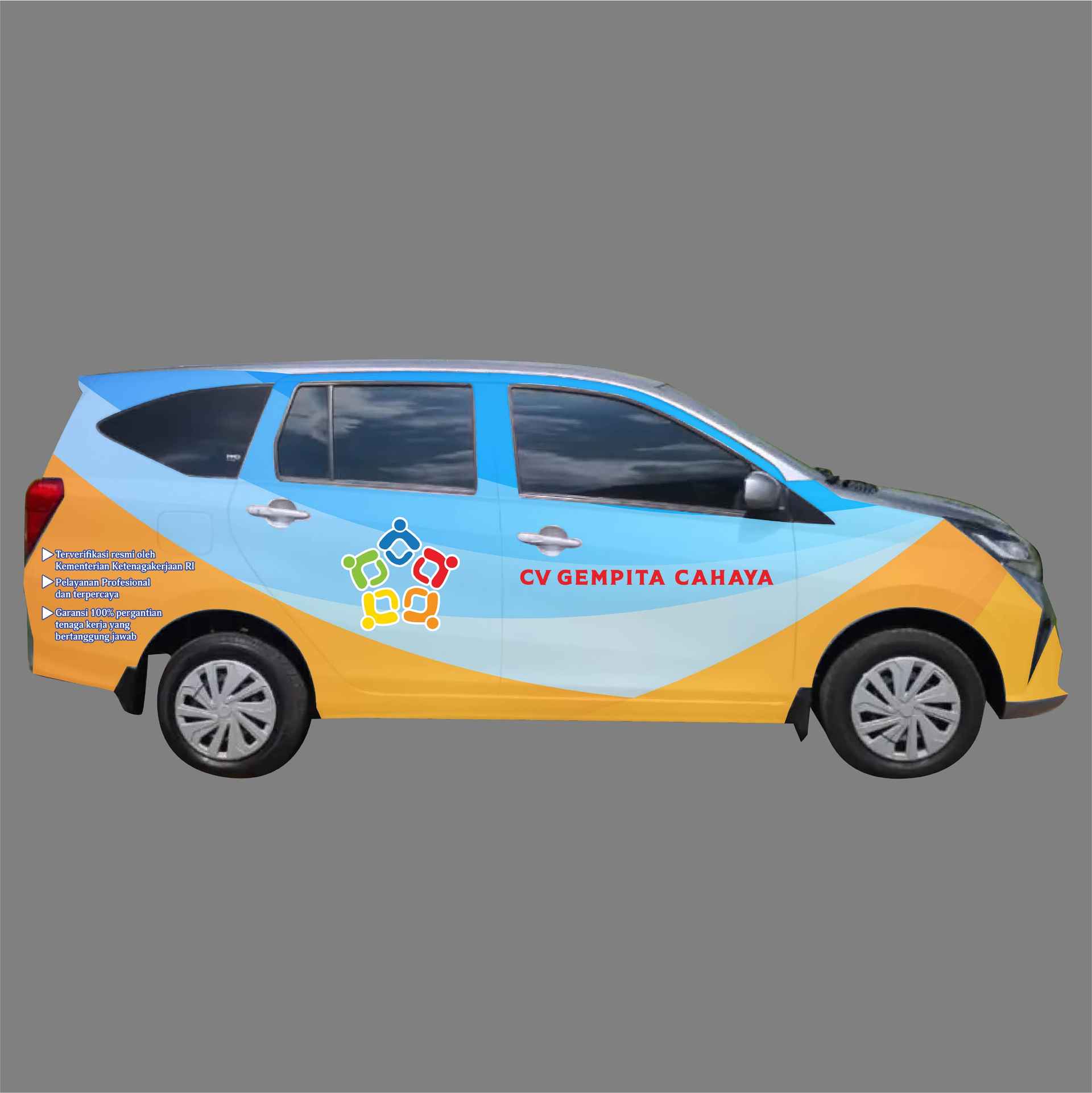 Branding Stiker Mobil Sigra Biru Orange Gempita Penyalur Tenaga Kerja - Image 1