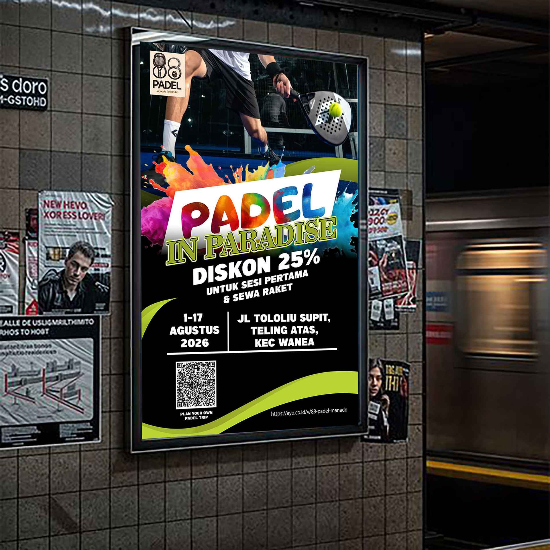 Poster Padel Diskon Hitam Hijau dengan Splash Watercolor - Image 1