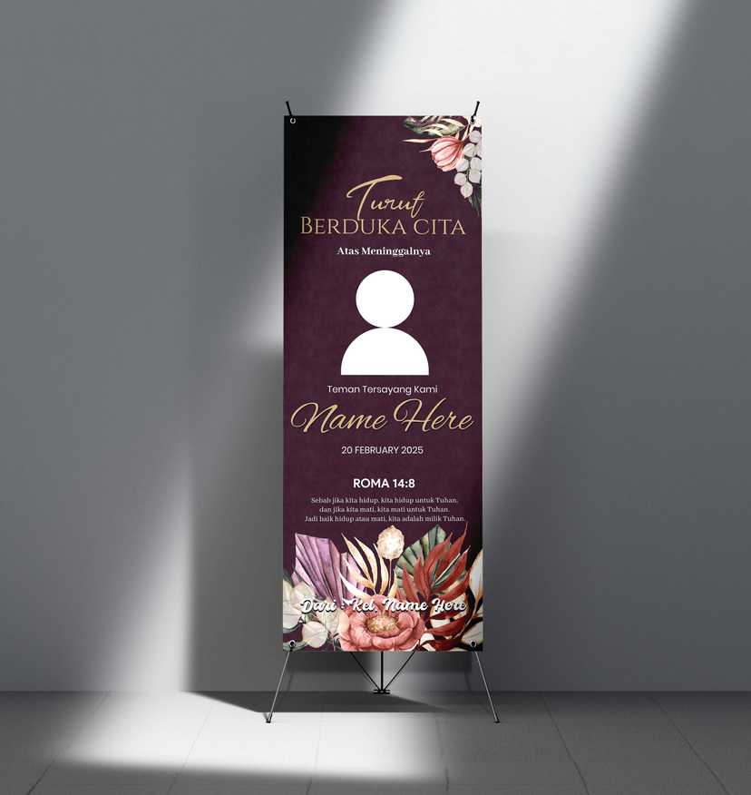 X-Banner Duka Cita Elegan Floral Burgundy – Banner Belasungkawa Kristen Modern - Image 1