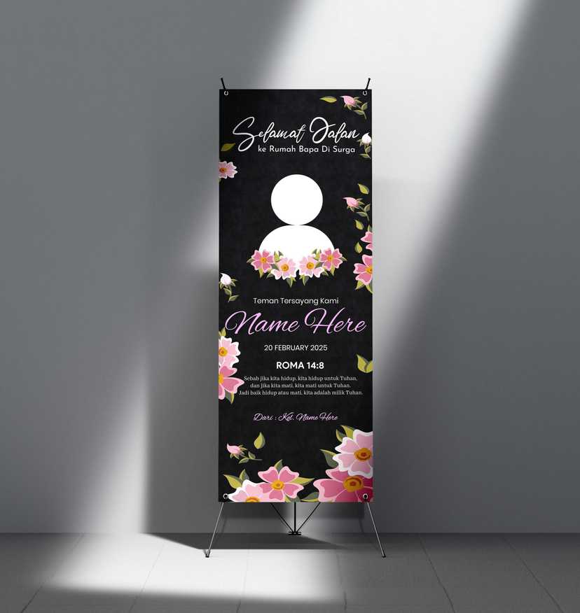 X-Banner Duka Cita Floral Hitam Pink – Selamat Jalan ke Rumah Bapa di Surga - Image 1