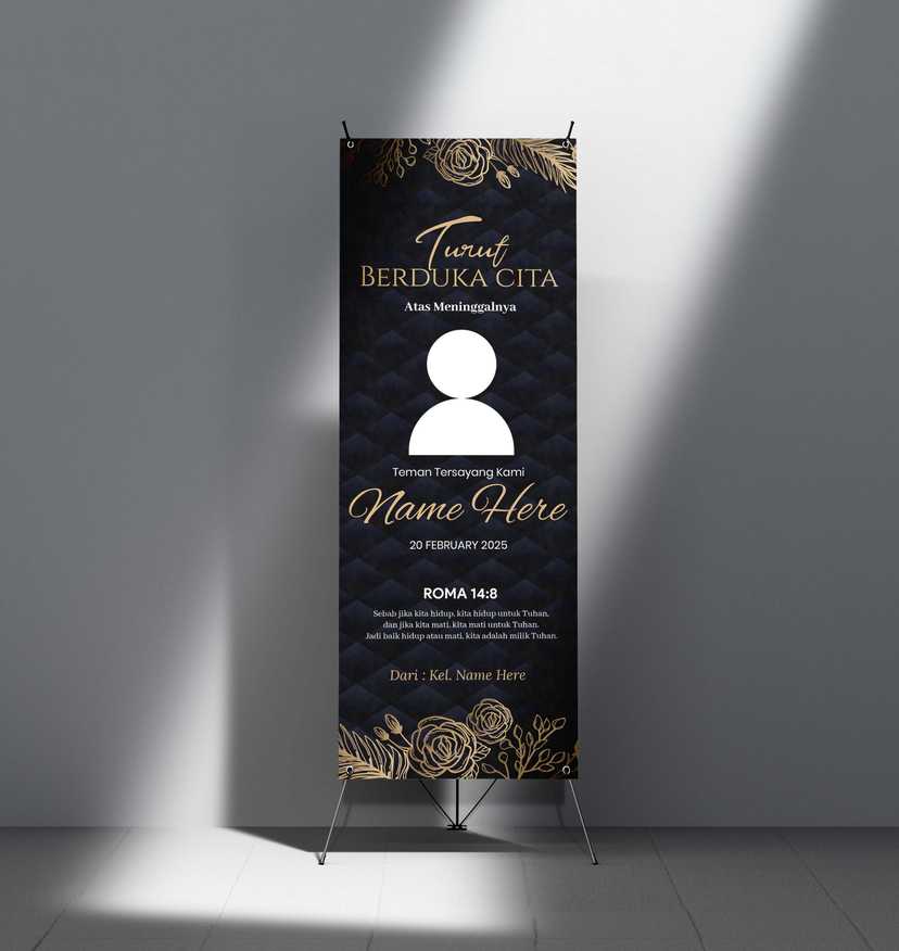 X-Banner Duka Cita Mewah Nuansa Hitam Emas – Desain Elegan Belasungkawa Kristen - Image 1