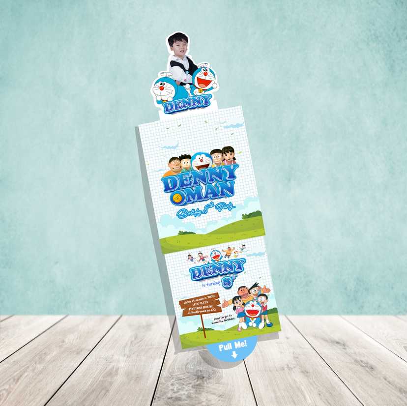 Undangan Tarik Ulang Tahun Anak Tema Doraemon Custom Nama & Foto - Image 1