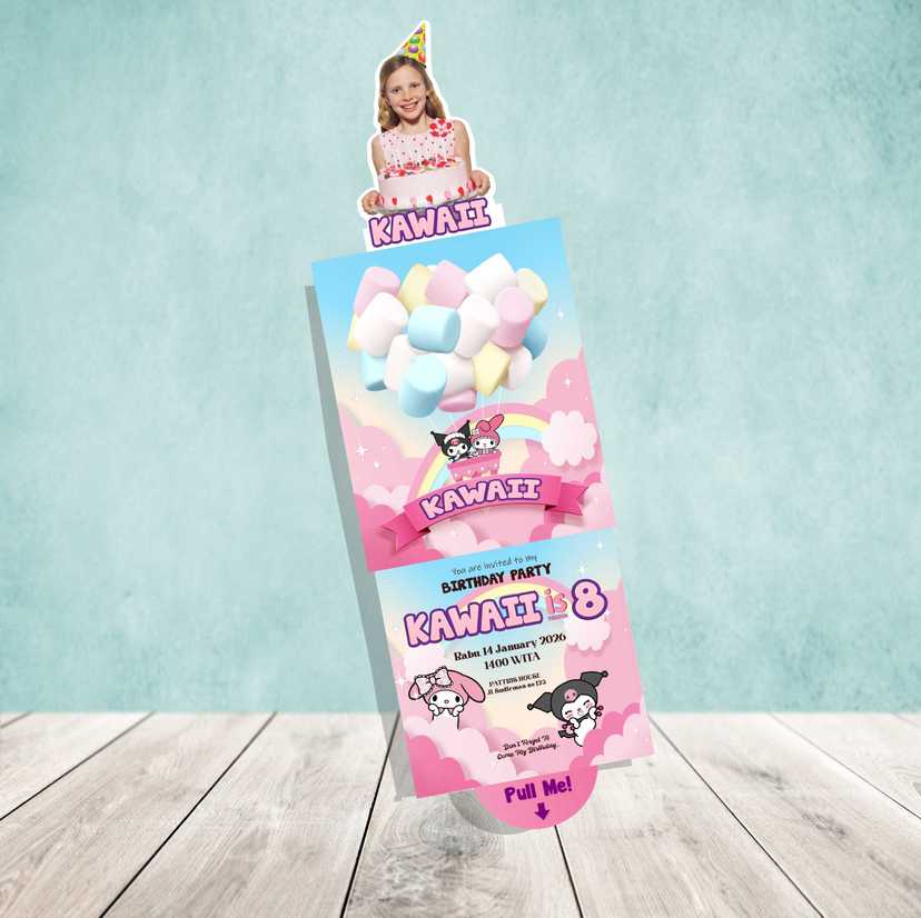 Undangan Tarik Ulang Tahun Anak Tema Kuromi x Melody Pull Card Lucu & Pastel Custom - Image 1