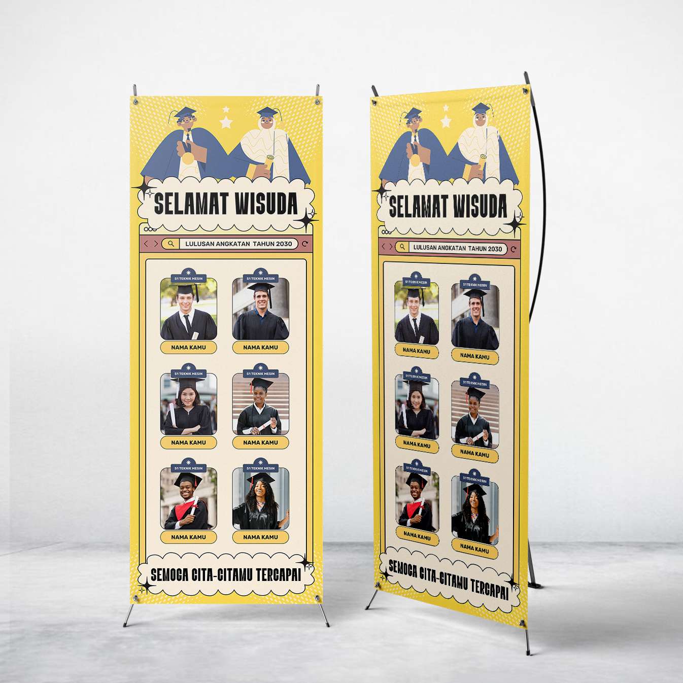 Standing Banner Wisuda/Sidang Skripsi Tema Biru Kuning - Front view