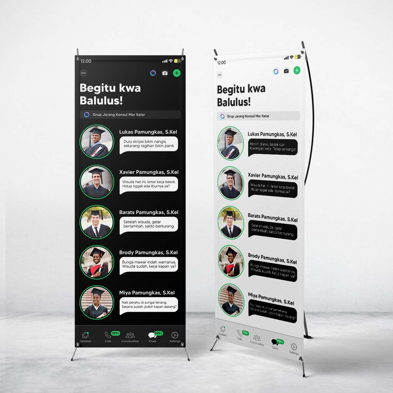 Standing Banner Wisuda/Sidang Skripsi Tema Aplikasi hitam putih - Front view