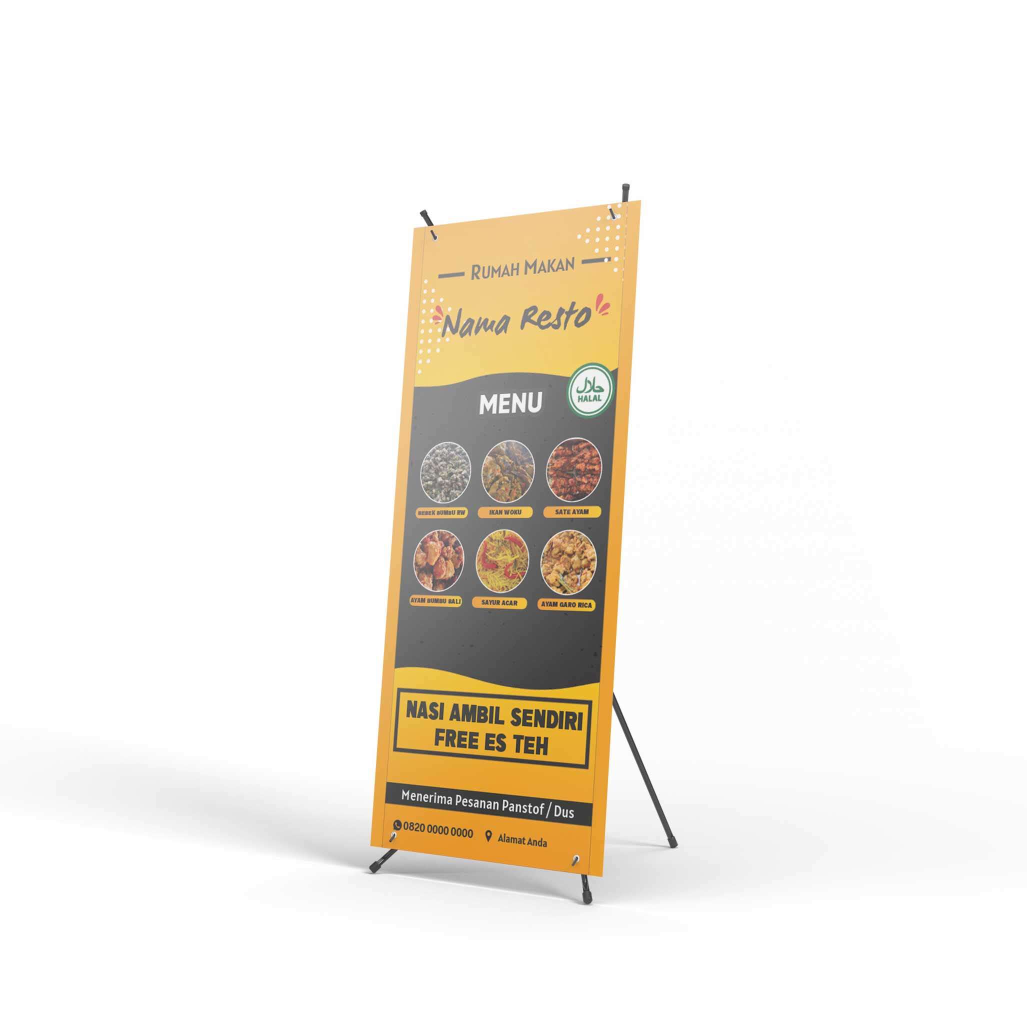 X Banner Menu Makanan Lengkap Kuning Hitam - Front view