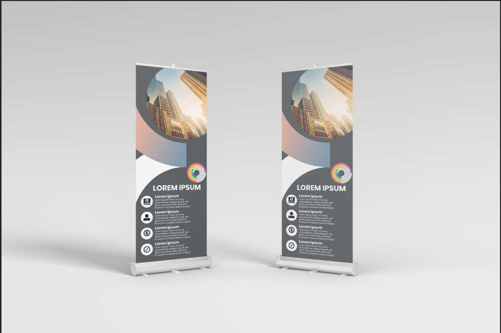 Banner Korporat Modern dengan Nuansa Bisnis dan Ikon Profesional - Front view
