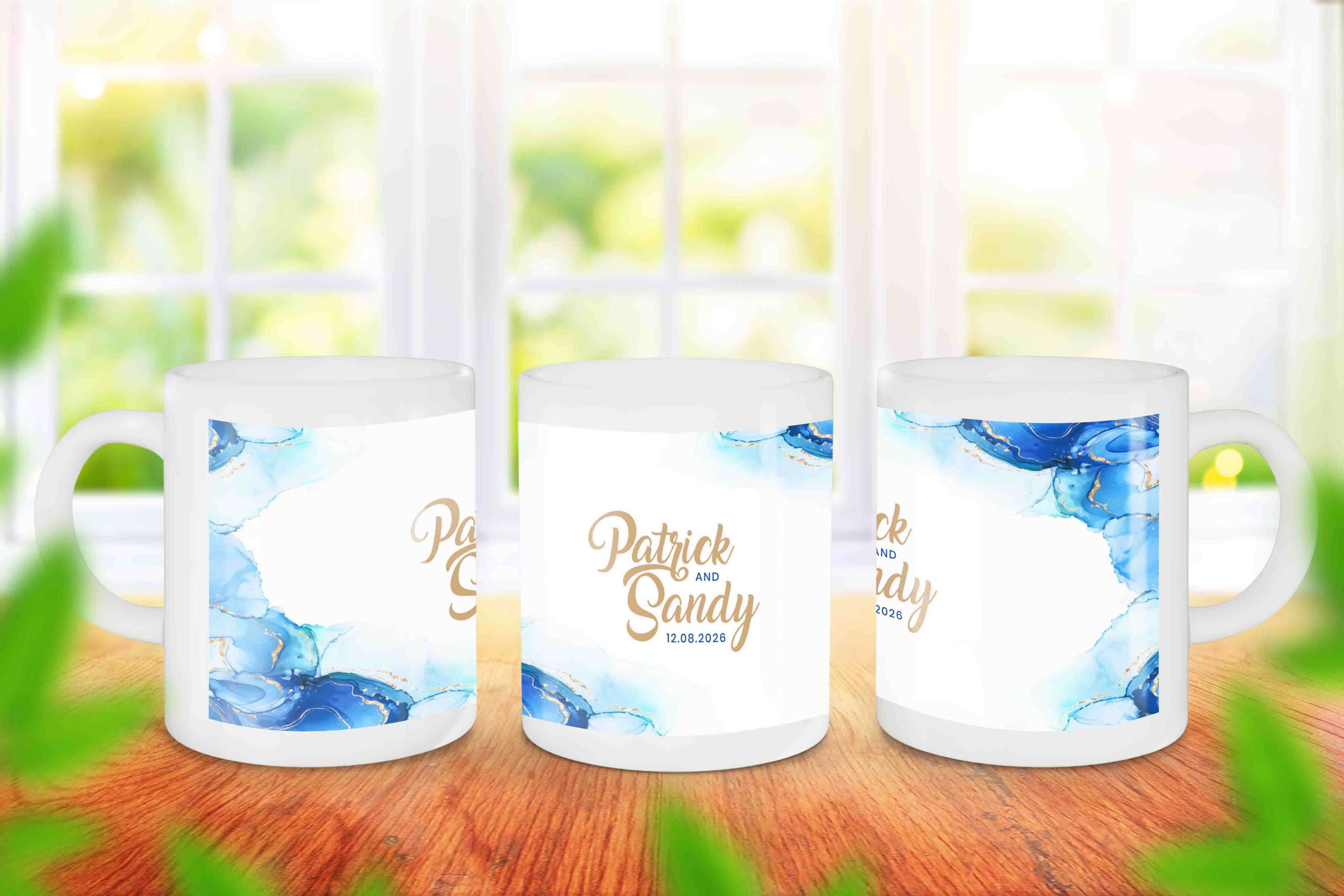 Mug Souvenir Wedding Nuansa Biru Gold - Front view