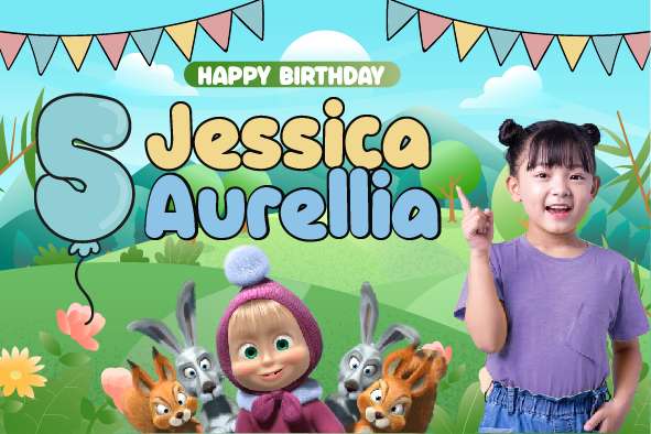 Baliho Hari Ulang Tahun Anak Masha and The Bear - Front view