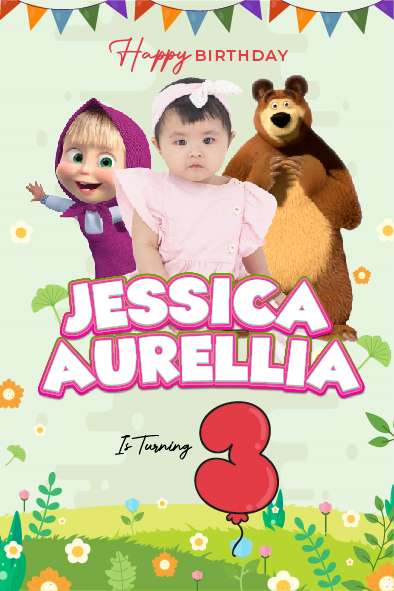 Baliho Hari Ulang Tahun Anak Masha and The Bear - Front view