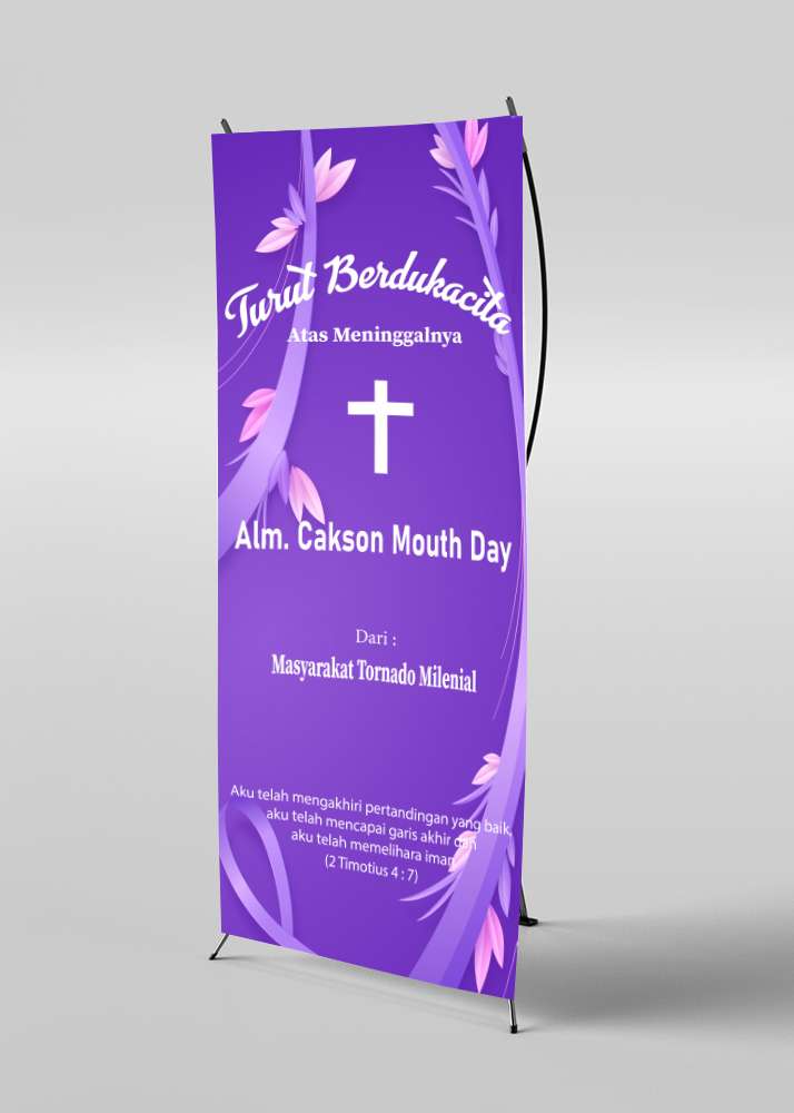 Banner Turut Berduka Cita Ungu Bunga Putih - Image 1