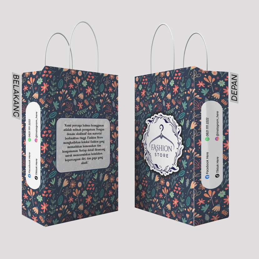 Paper Bag Tema Fashion Brand Pattern Motif Bunga Full Color Biru - Image 1