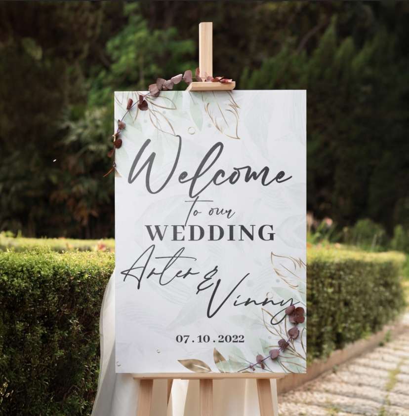 Wedding Sign Sage Green With Gold Flower - Image 1