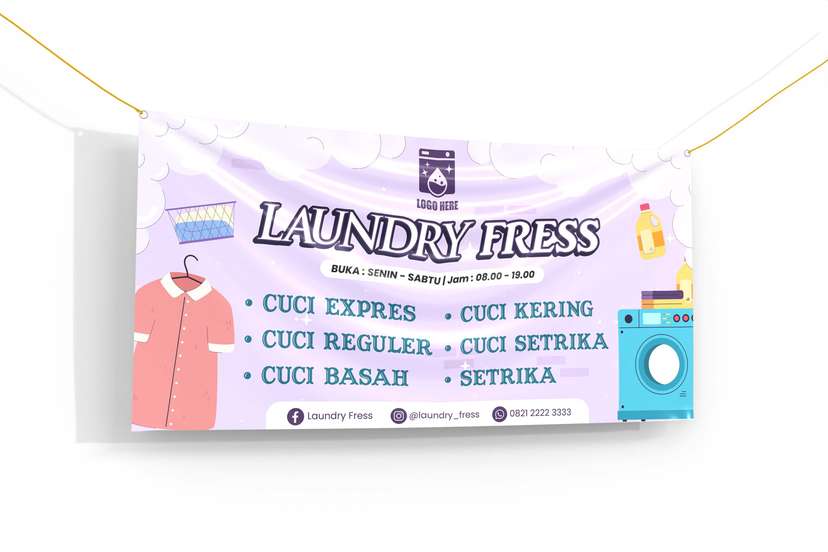 Banner Laundry Design Simple Warna Ungu Biru - Image 1