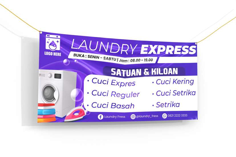 Banner Laundry Design Simple Warna Ungu Putih - Image 1