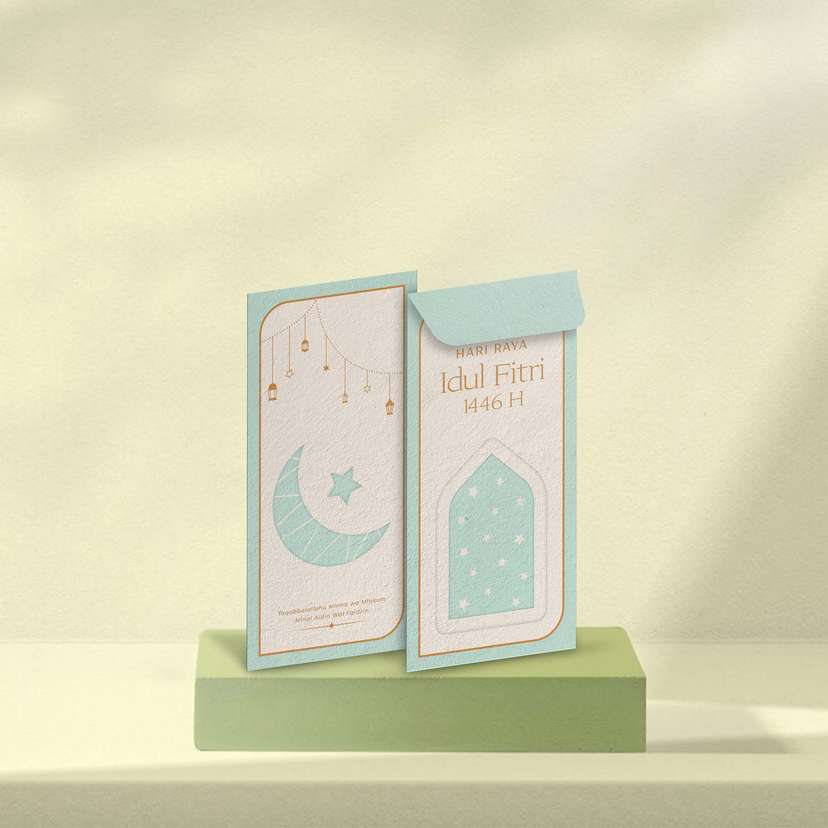 Amplop Idul Fitri Biru Muda dan Aksen Orange Pastel - Image 1
