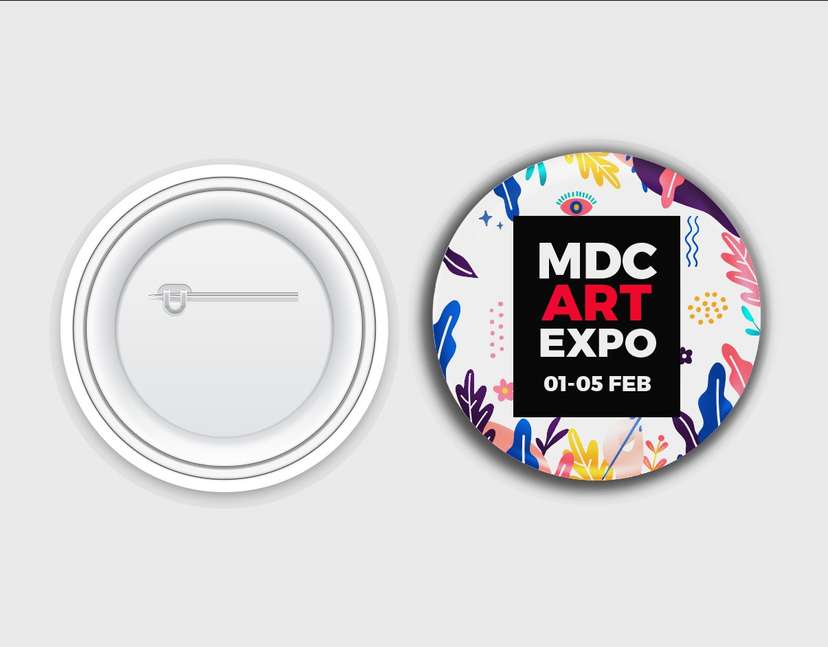 Desain Pin Peniti MDC Art Expo dengan Elemen Grafis Modern dan Warna Cerah - Image 1