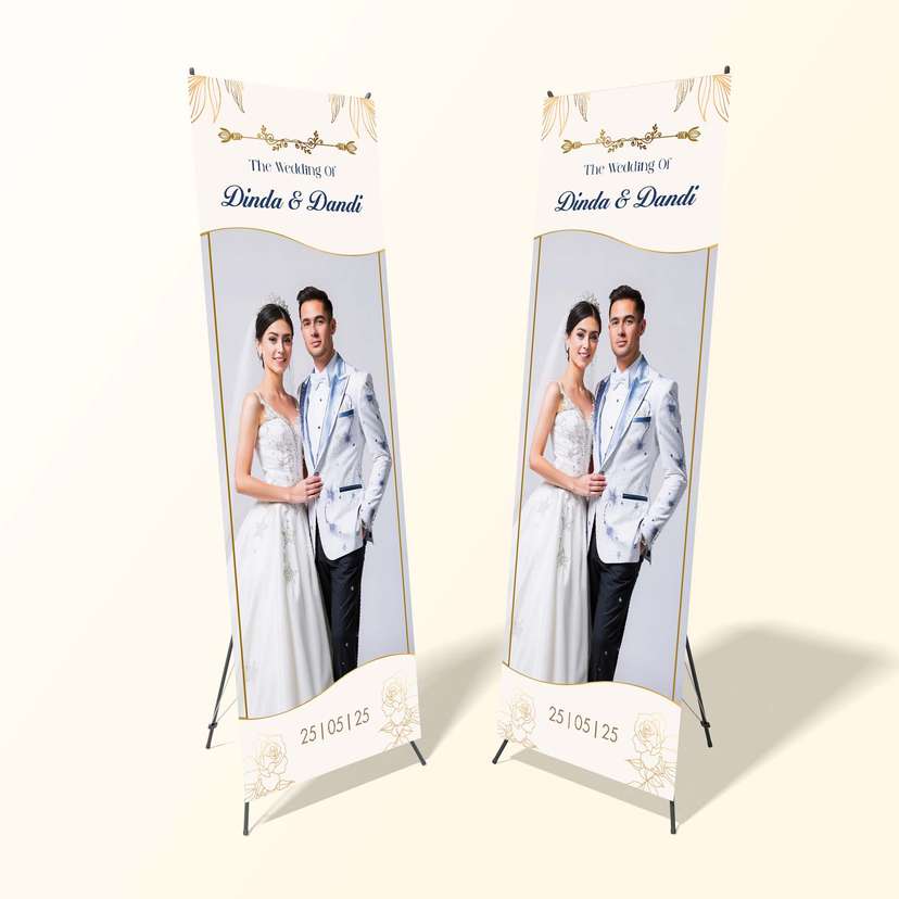 X Banner Pernikahan Simple Dengan Ornamen Bunga Gold  - Image 1