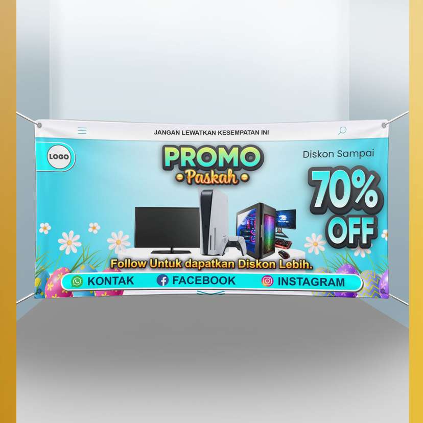 Baliho Promo Paskah Biru dengan Icon Elektronik - Image 1