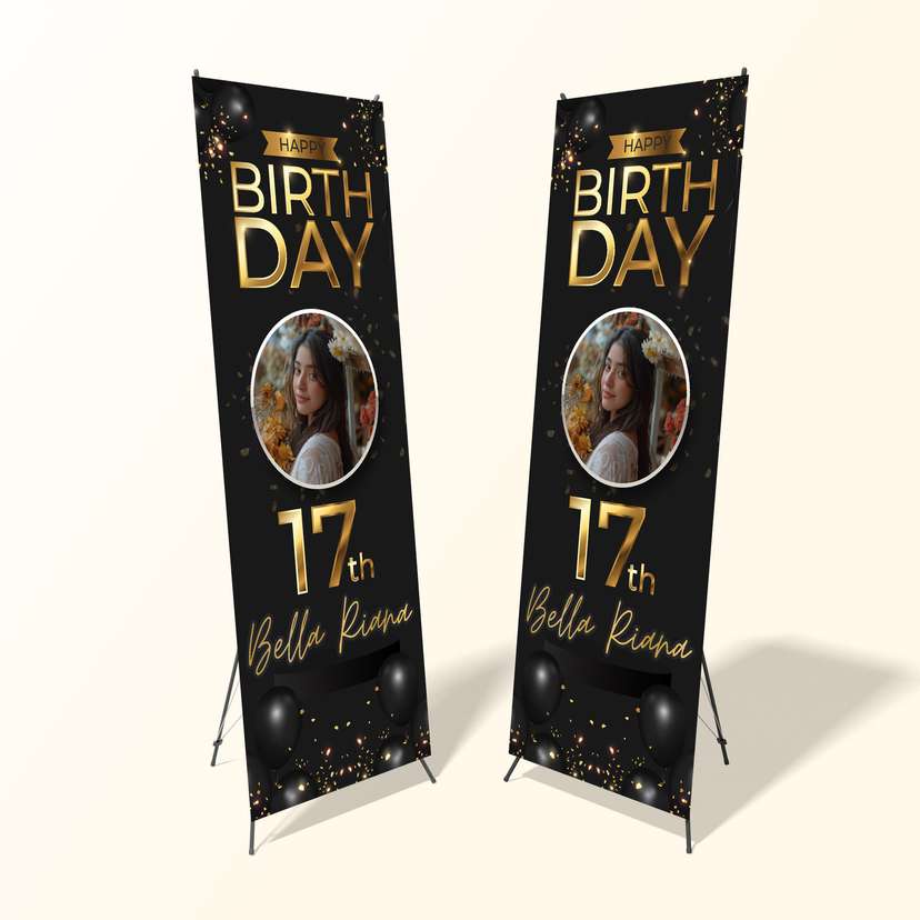 X Banner Ulang Tahun 17 Tahun Tema Gold Hitam - Image 1