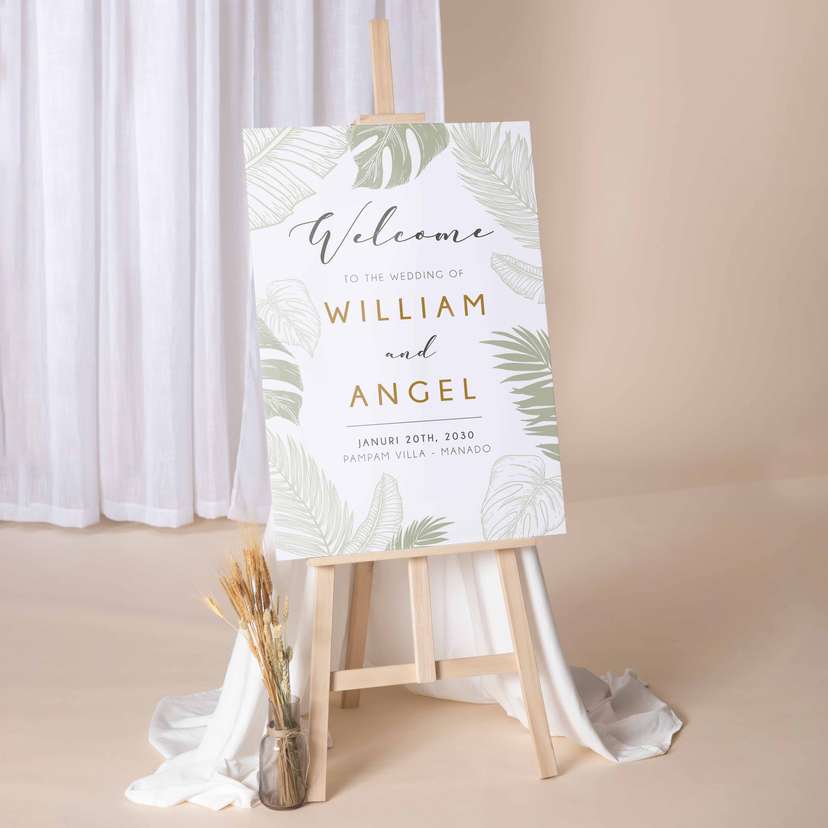 Wedding Welcome Sign Bertema Tropikal Minimalis untuk Pernikahan Outdoor - Image 1