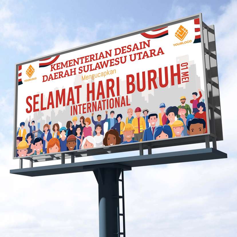Baliho Ucapan Selamat Hari Buruh Tema Putih Dengan Banyak Orang - Image 1