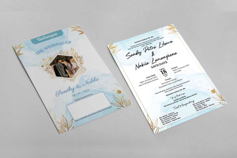 Undangan Wedding Muslim Simple Desain Biru Gold - Image 1