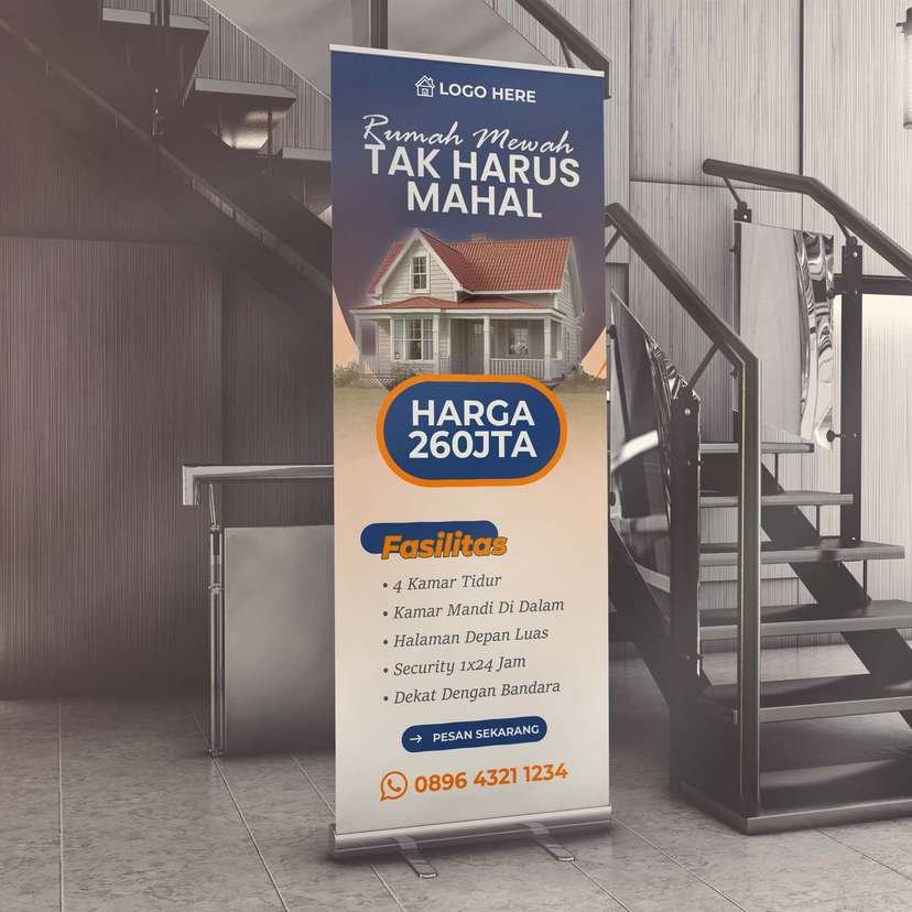 Roll Up Banner Property Rumah Dengan Desain Simple Warna Dominan Biru - Image 1