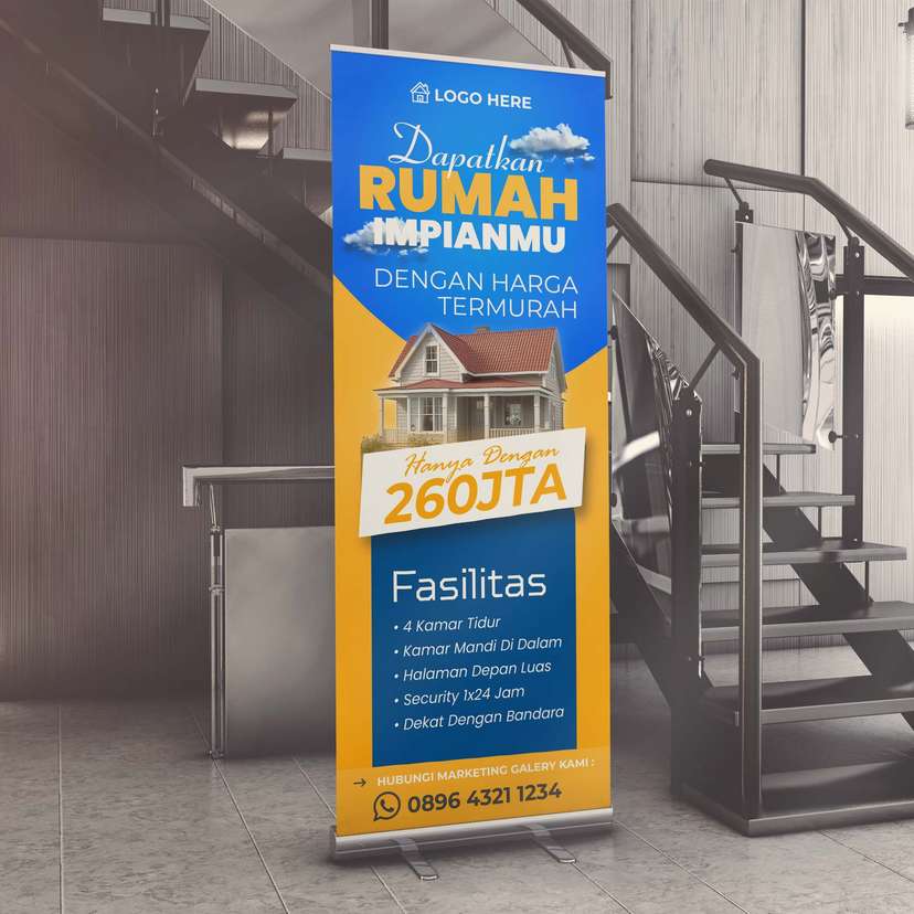 Roll Up Banner Property Rumah Dengan Desain Simple Warna Dominan Biru Kuning - Image 1