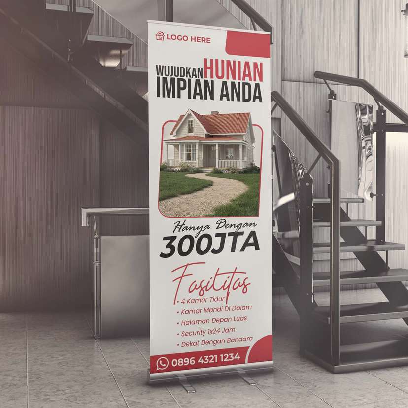 Roll Up Banner Property Rumah Dengan Desain Simple Warna Dominan Merah Putih - Image 1