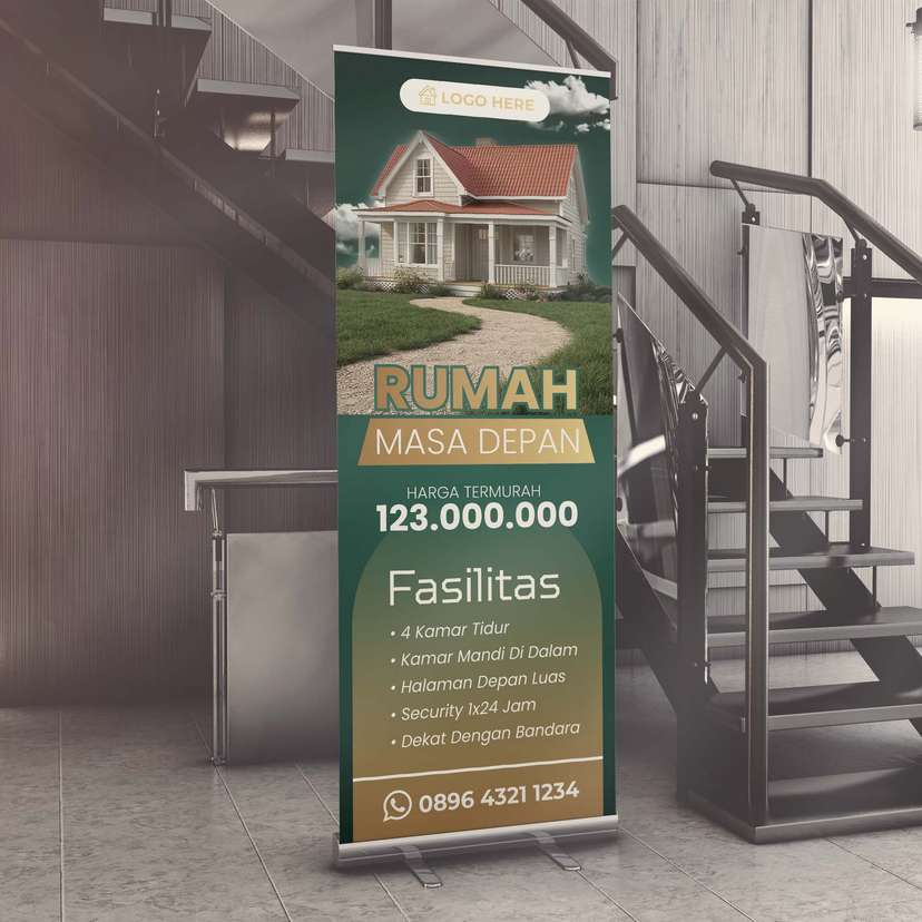 Roll Up Banner Property Rumah Dengan Desain Simple Warna Dominan Hijau - Image 1