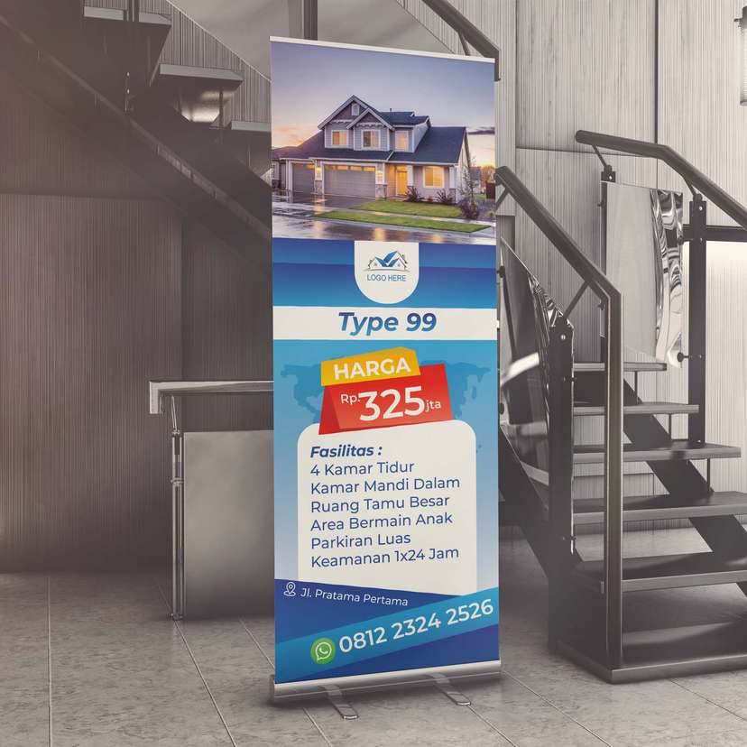 Roll Up Banner Property Rumah Dengan Desain Simple Warna Dominan Biru Muda - Image 1