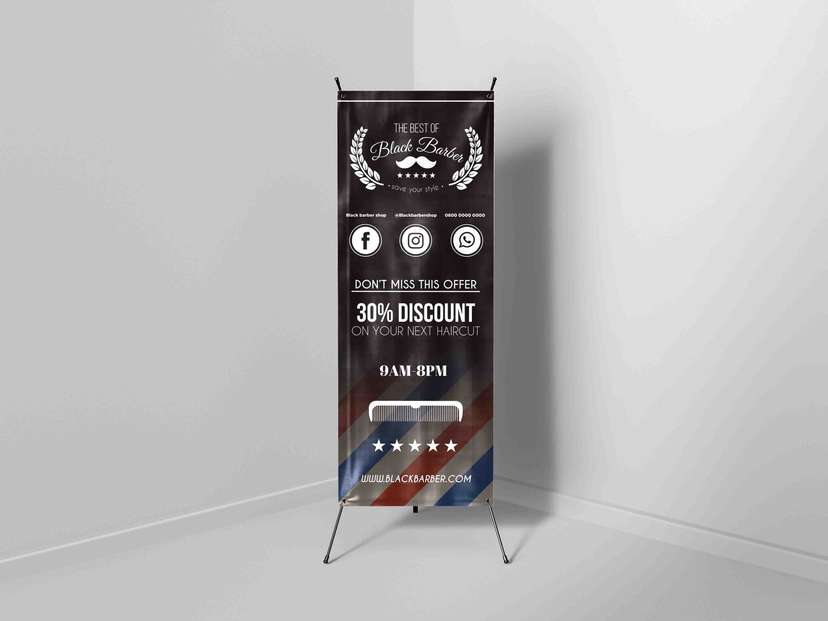 X-Banner Barbershop Promosi Diskon dengan Nuansa Maskulin - Image 1