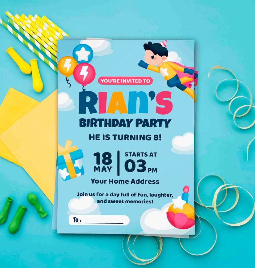 Undangan Ulang Tahun Pesta Ceria dengan Tema Superhero dan Balon - Image 1