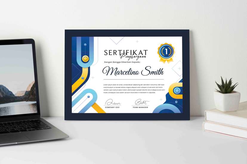 Sertifikat Penghargaan Modern dengan Aksen Futuristik Biru-Kuning - Image 1