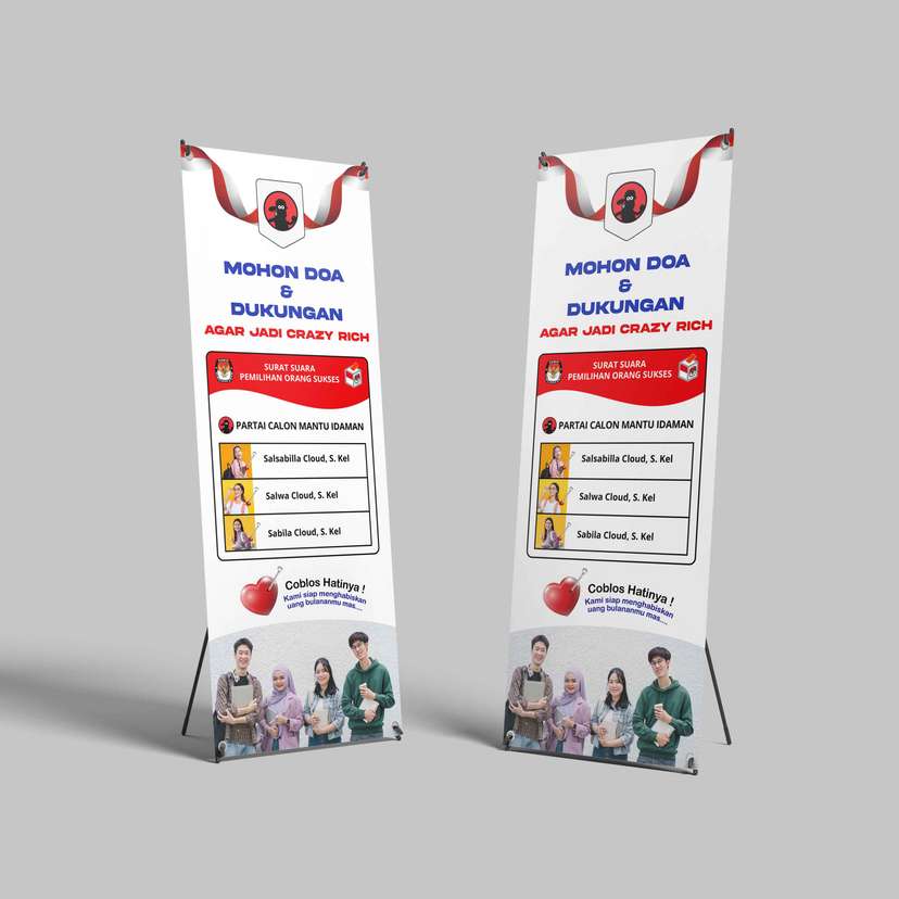 Standing X-Banner Sidang/Wisuda Humor “Crazy Rich & Pemilu Calon Mantu” 🗳️❤️ - Image 1