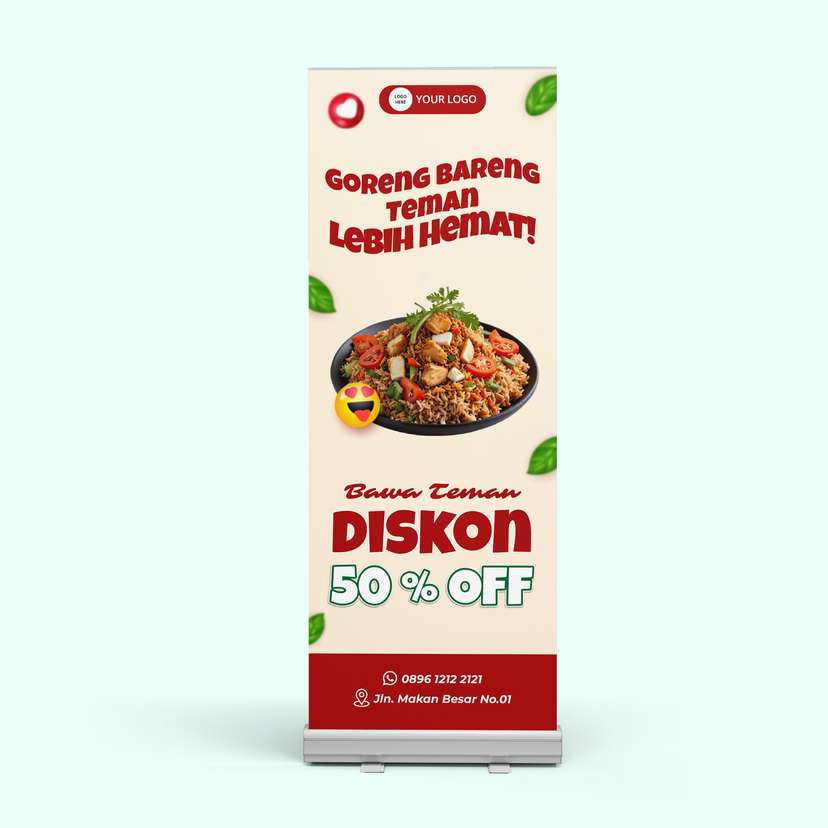 Roll Banner Promo Makanan Nasi Goreng Dengan Warna Dominan Krem Merah - Image 1