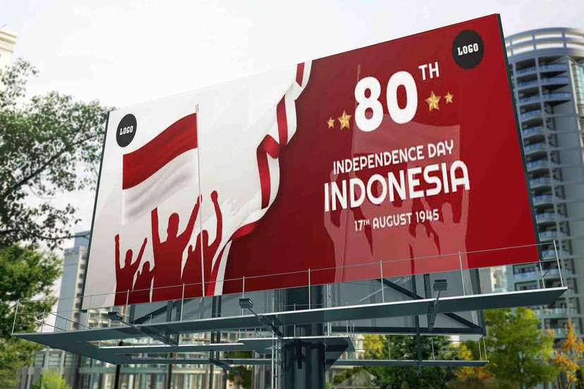 Baliho HUT RI 80 Tahun dengan Ilustrasi Semangat Rakyat dan Bendera Merah Putih - Image 1
