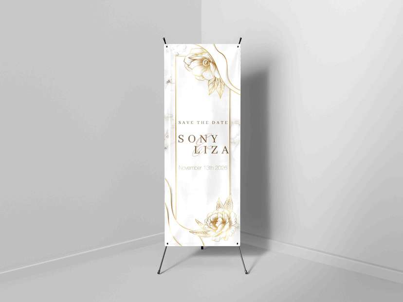 X-Banner Save The Date Elegant dengan Nuansa Marmer dan Floral Gold - Image 1