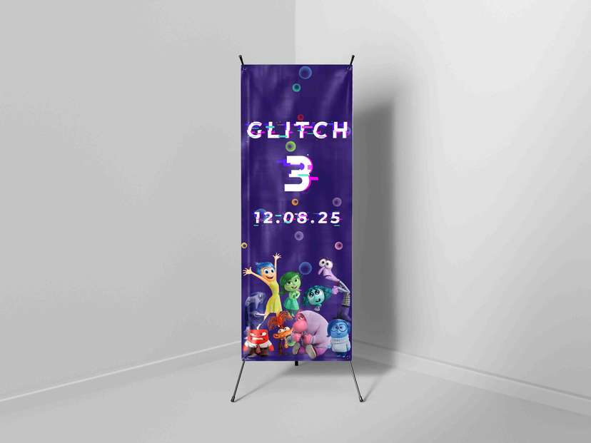 X-Banner Ulang Tahun Anak Tema Inside Out dengan Efek Glitch Unik - Image 1