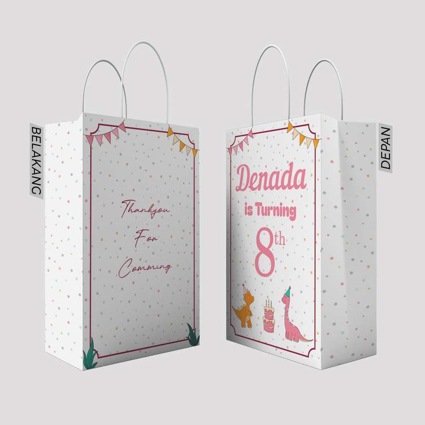 Paper Bag Ulang Tahun Tema Warna Latar Putih Dengan Pattern Ulang tahun Dan Dino - Image 1