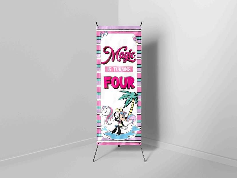 X-Banner Ulang Tahun Anak Tema Pantai Ceria dengan Minnie dan Unicorn Float - Image 1