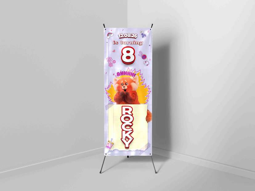 X-Banner Ulang Tahun Anak Tema Turning Red dengan Nuansa Ungu Ceria - Image 1