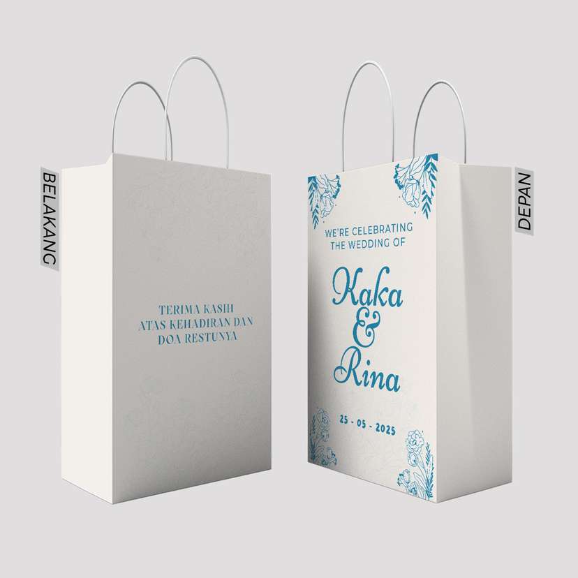 Paper Bag Pernikahan Biru dengan Hiasan Bunga - Image 1