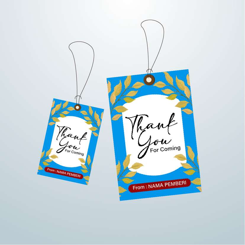 Hangtag Thank You dengan Bingkai Daun Emas dan Latar Biru Cerah - Image 1