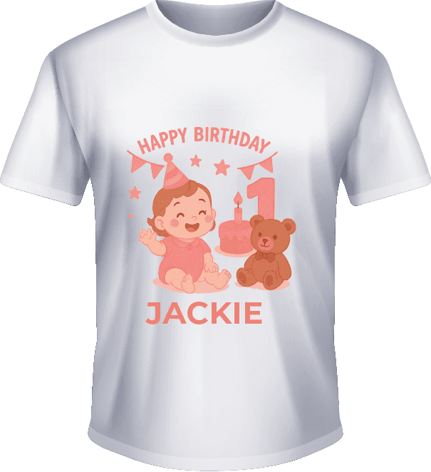 Kaos Ulang Tahun Pertama dengan Tema Bayi & Teddy Bear Pink - Image 1