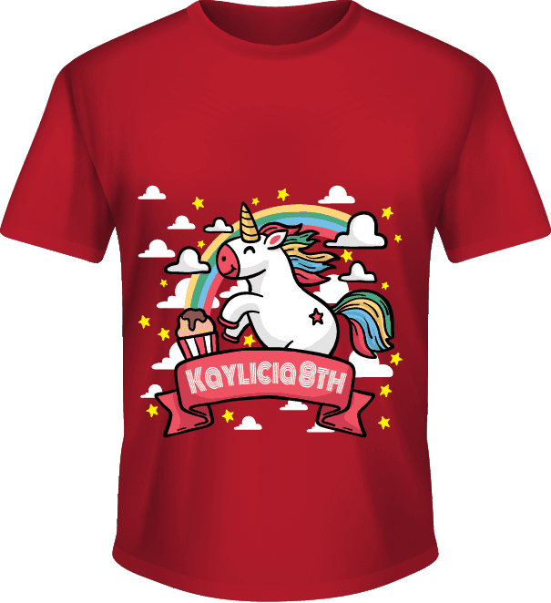 Kaos Ulang Tahun Anak 8 Tahun Tema Unicorn Pelangi Ceria Warna Merah - Image 1